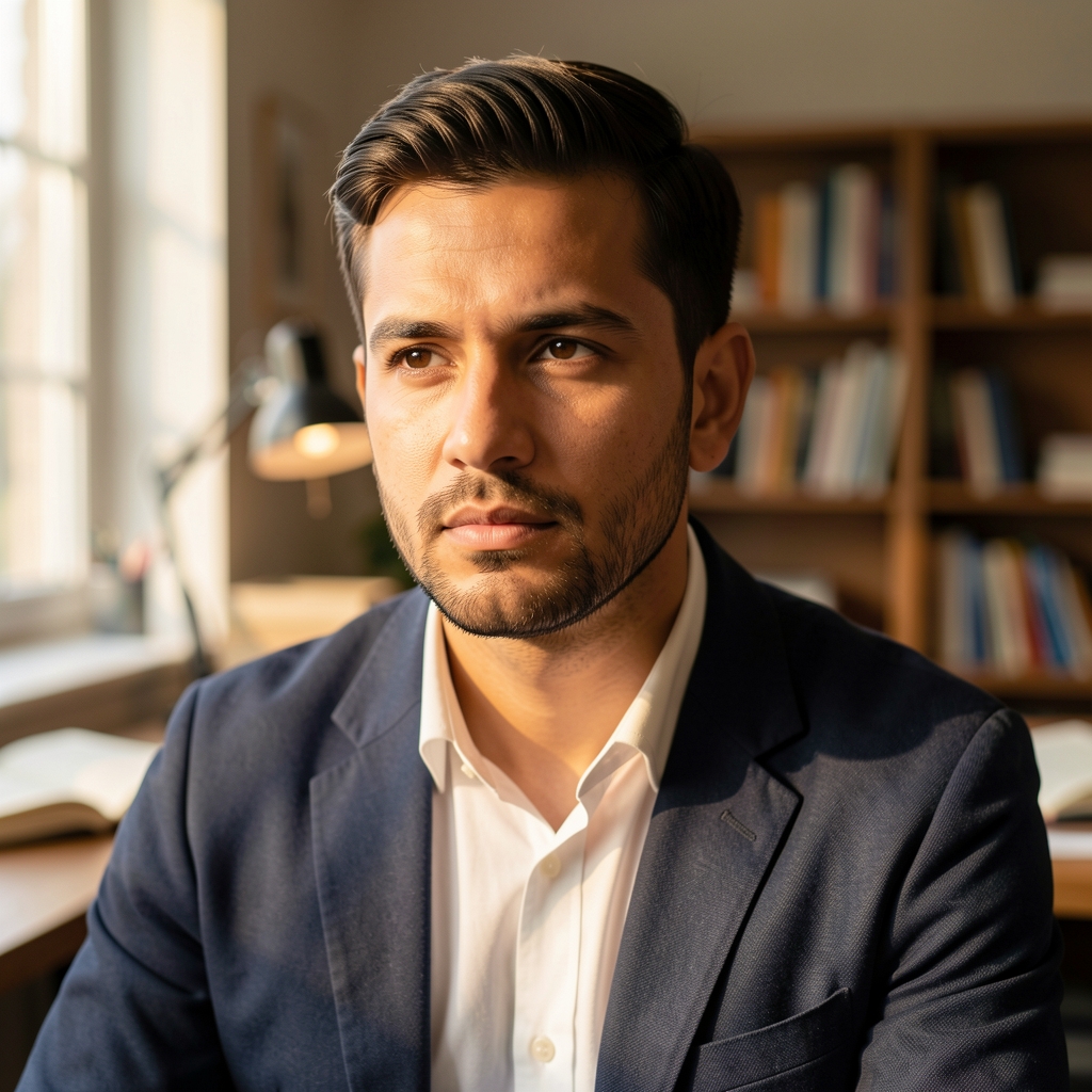 Male editorial portrait with warm natural light, thoughtful expression, editorial photography style