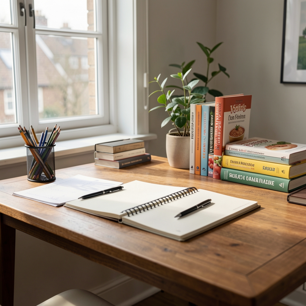 Editorial workspace with nutrition reference books, supplement containers, and a desk lamp illuminating handwritten notes in warm tones