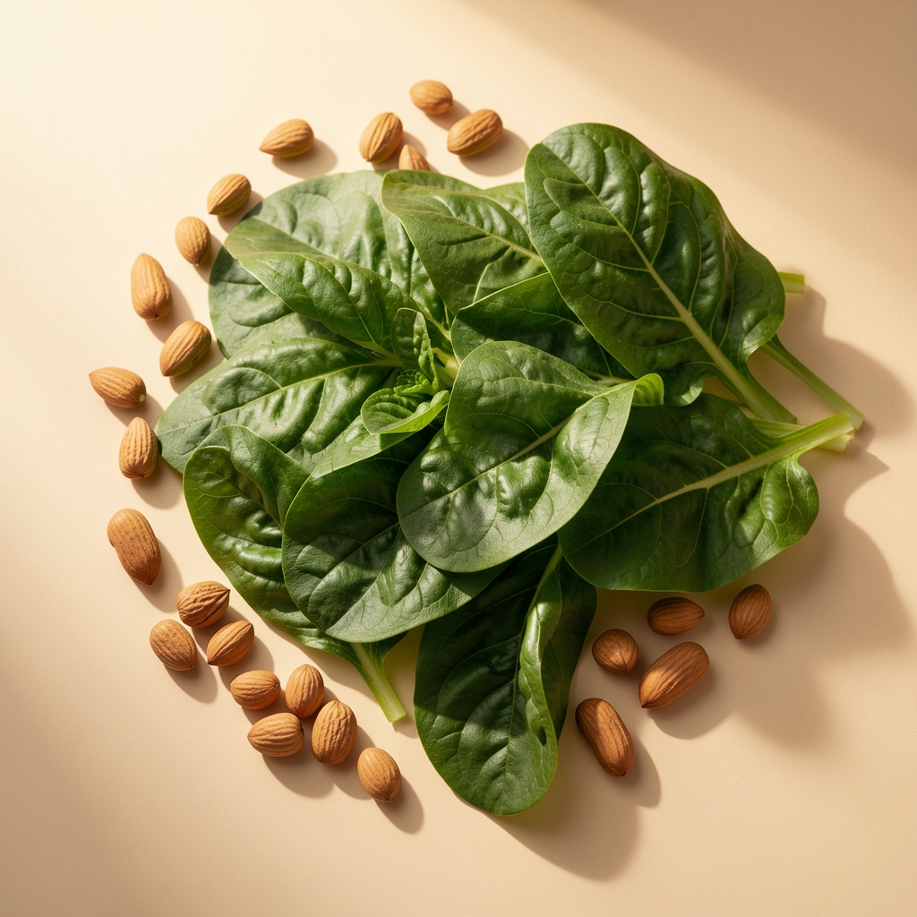 Magnesium-rich green leafy vegetables and nuts on pale warm surface, overhead editorial composition with natural morning light