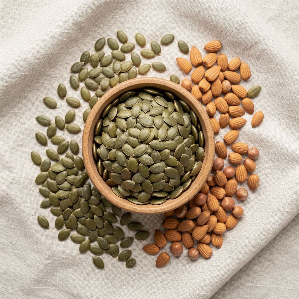 Zinc-rich seeds, pumpkin seeds and legumes arranged on pale linen cloth, overhead editorial flat lay