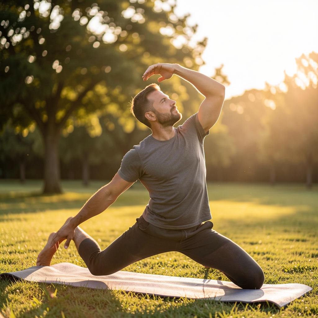 Active Indonesian man stretching outdoors in morning light, editorial composition with natural warm tones