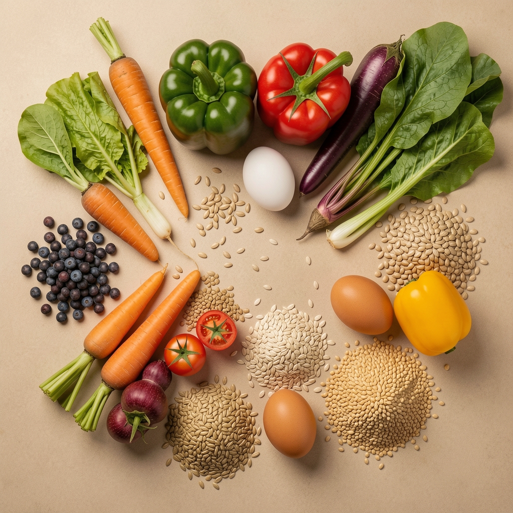Colourful vegetables, whole grains, eggs and seeds arranged on neutral warm surface overhead editorial flat lay photography