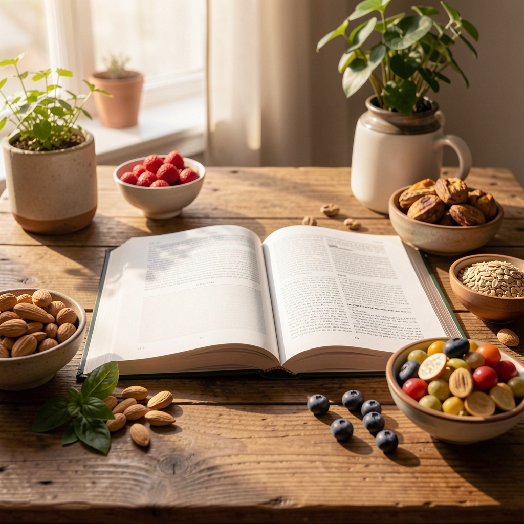 Open nutrition journal on wooden desk with morning light, editorial still life with whole food ingredients