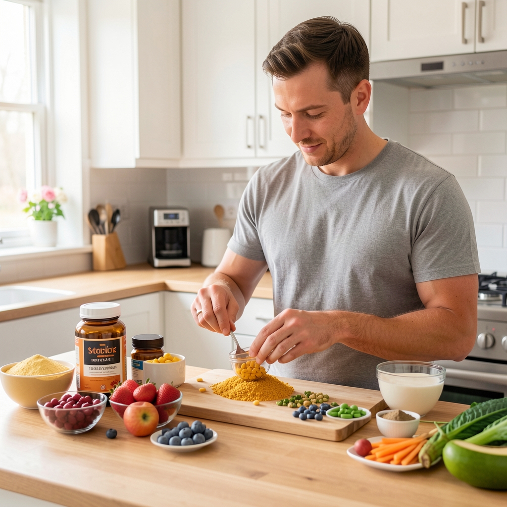 Active Indonesian man preparing his daily supplement and whole-food nutrition routine on a bright wooden kitchen counter