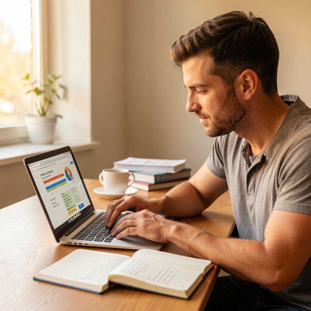 Man at laptop reviewing nutrition notes and journal pages, editorial daylight photography warm tones